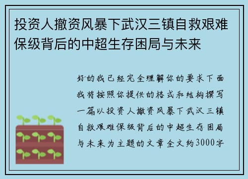 投资人撤资风暴下武汉三镇自救艰难保级背后的中超生存困局与未来