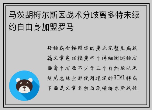 马茨胡梅尔斯因战术分歧离多特未续约自由身加盟罗马