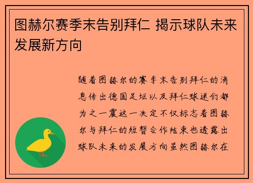 图赫尔赛季末告别拜仁 揭示球队未来发展新方向